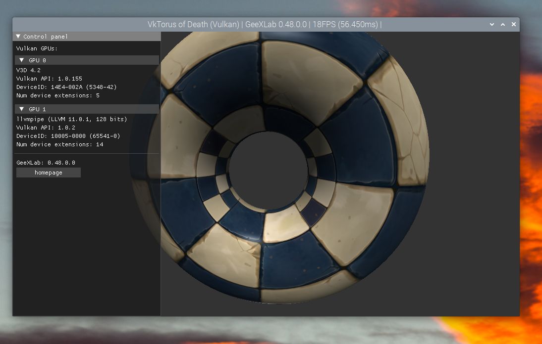 GeeXLab Vulkan demo running on Raspberry Pi OS - LLvmpipe CPU device