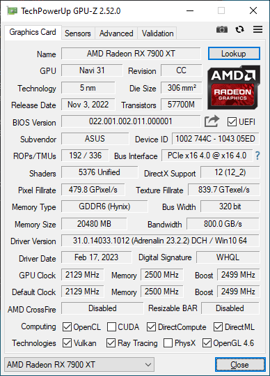 ASUS TUF Radeon RX 7900 XT OC 20GB - GPU-Z