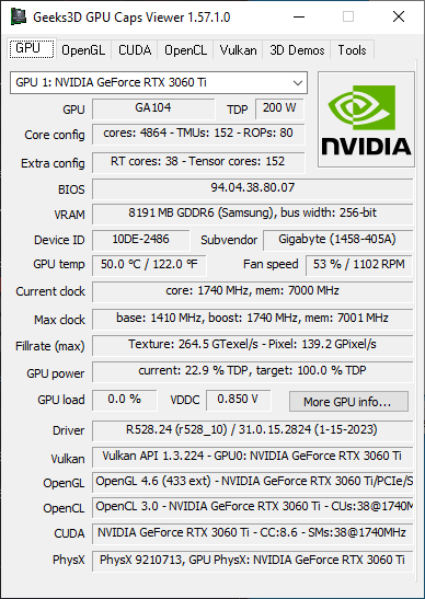 NVIDIA GeForce 528.24 + GPU Caps Viewer + GeForce RTX 3060 Ti