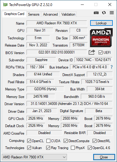 SAPPHIRE Radeon RX 7900 XTX Nitro+ 24GB - GPU-Z