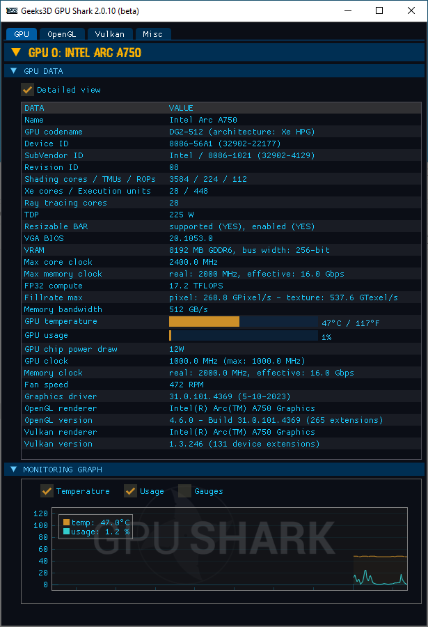 Intel Arc Graphics driver - GPU Shark 2 + Arc A750