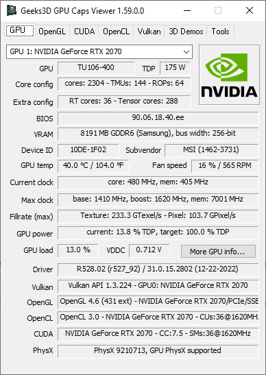 GPU Caps Viewer + GeForce RTX 2070