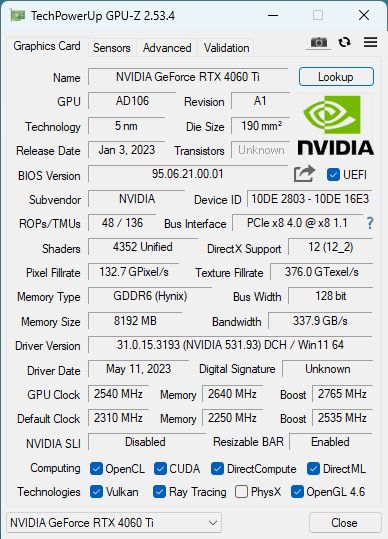 NVIDIA GeForce RTX 4060 Ti - GPU-Z
