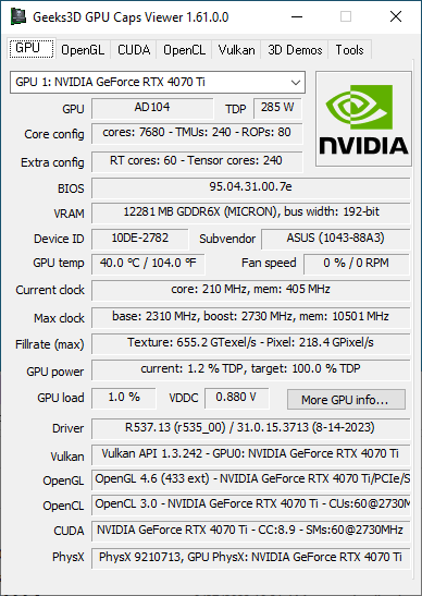 GPU Caps Viewer + GeForce RTX 4070 Ti