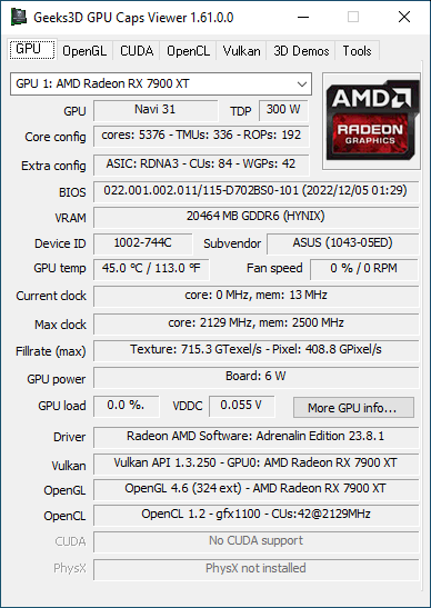 GPU Caps Viewer + Radeon RX 7900 XT