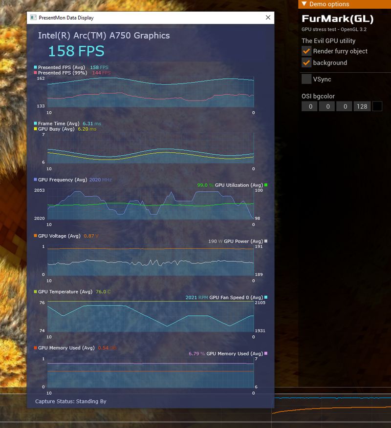 FurMark 2 (OpenGL) - PresentMon - Intel Arc A750
