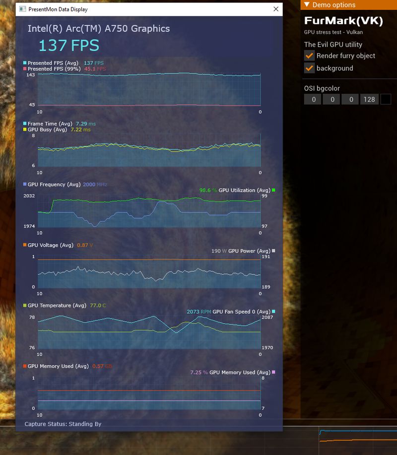FurMark 2 (Vulkan) - PresentMon - Intel Arc A750