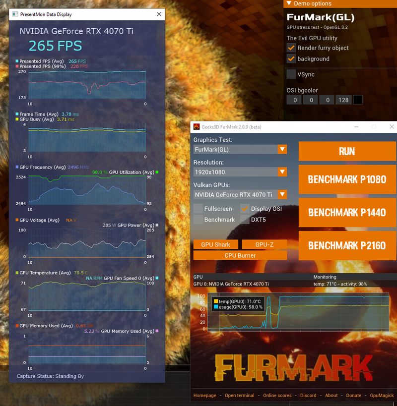 FurMark 2 (OpenGL) - PresentMon - NVIDIA GeForce RTX 4070 Ti