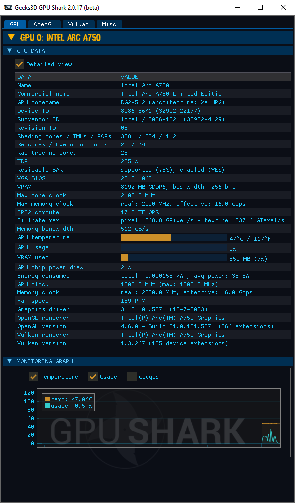 Intel Arc Graphics driver - GPU Shark 2 + Arc A750