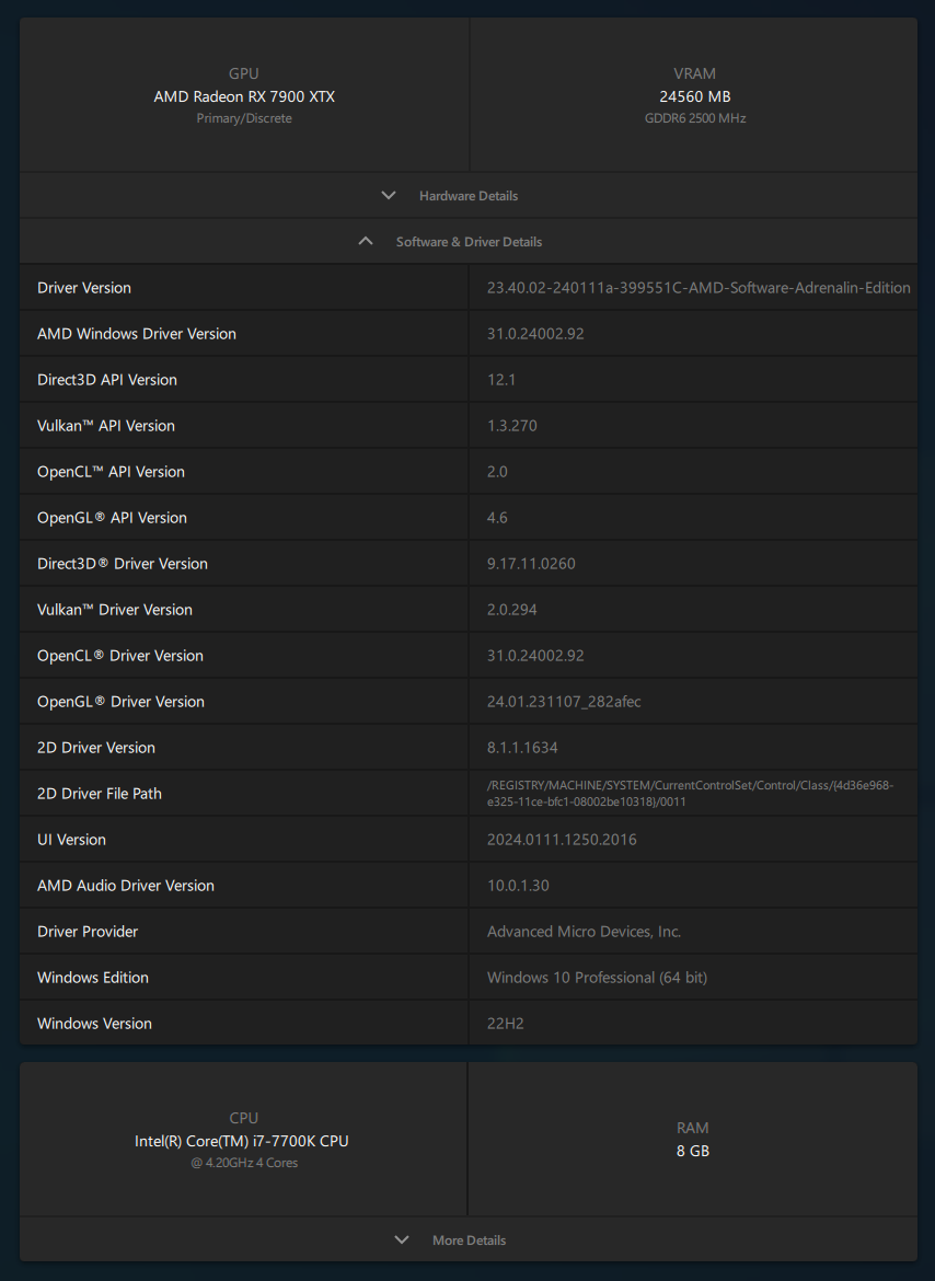 AMD Adrenalin 24.1.1 software and driver details