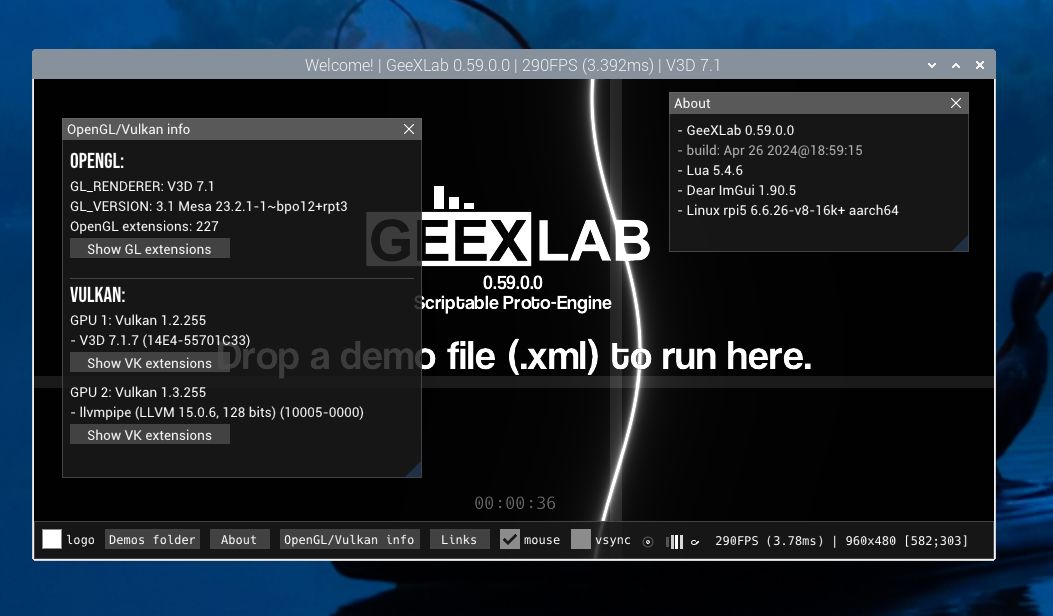 GeeXLab 0.59 on Raspberry Pi OS with Raspberry Pi 5 hardware