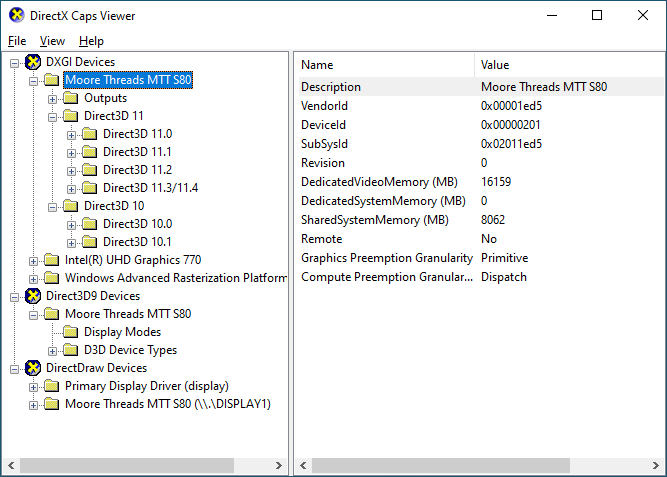 Moore Threads MTT S80 driver - DXCapsViewer