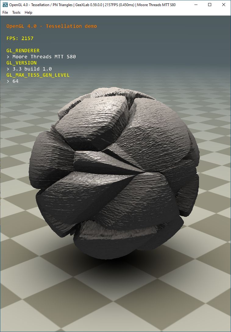 Moore Threads MTT S80 - OpenGL 4 tessellation demo with GeeXLab