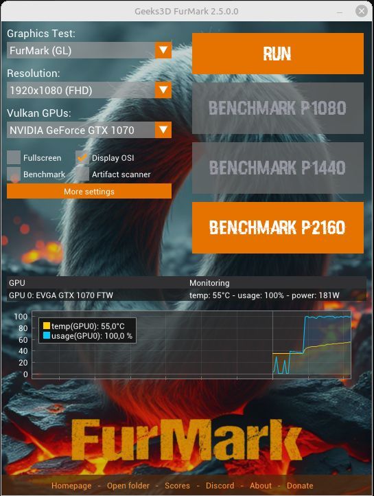 FurMark 2.5 GUI - Linux + NVIDIA smi GPU monitoring