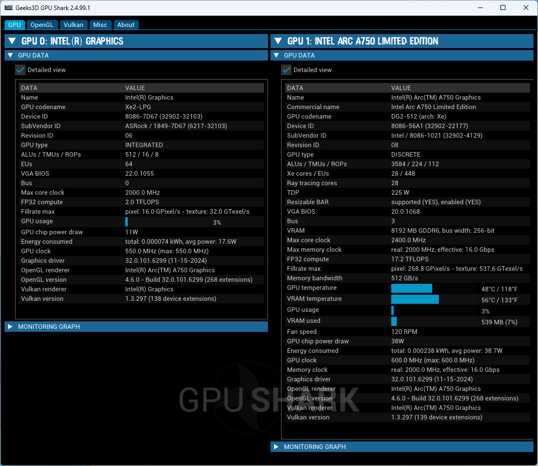 Intel Arc Graphics driver - GPU Shark 2 + Arc A750 + Arc Graphics