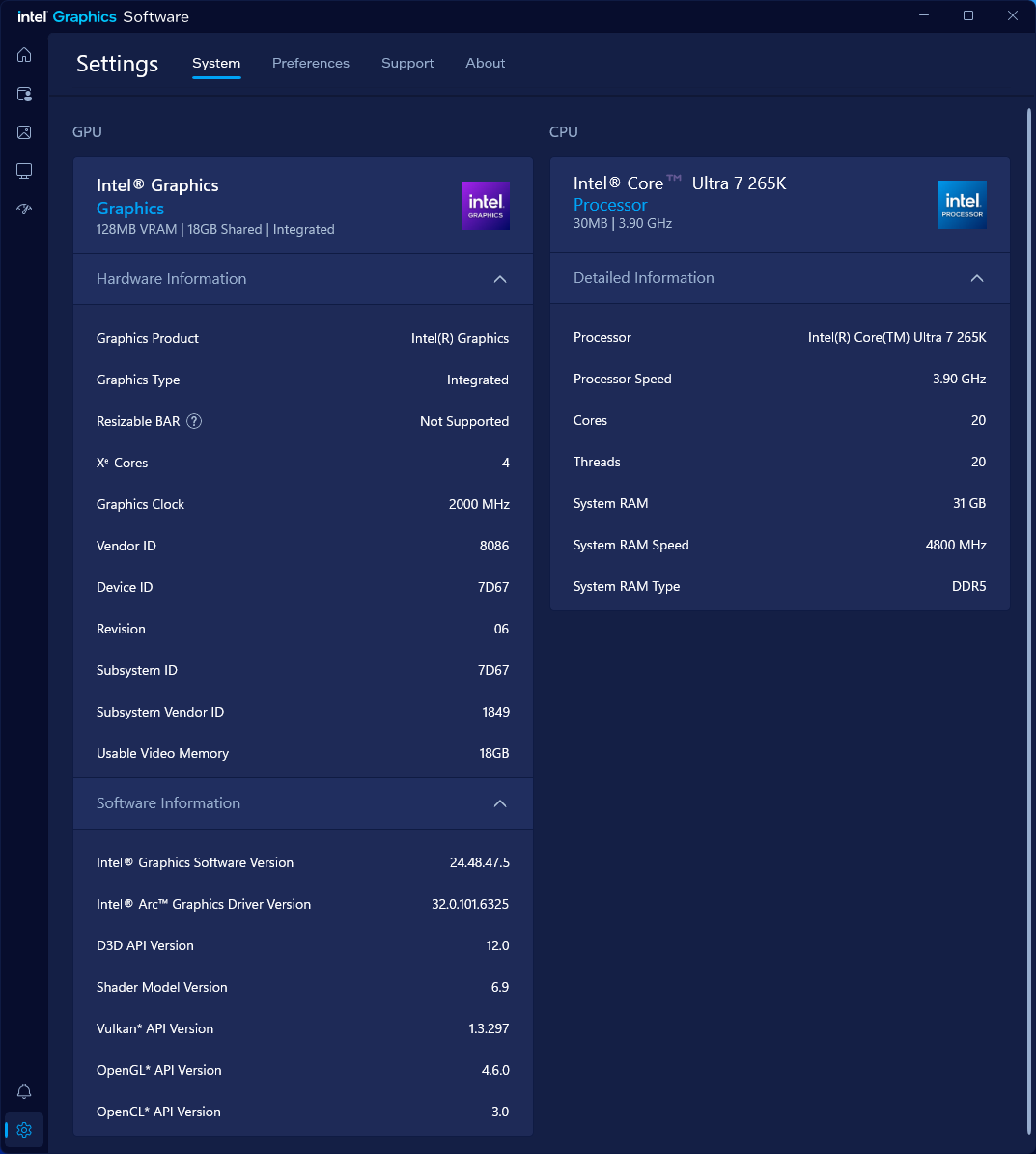 Intel Graphics Software IGS - system info