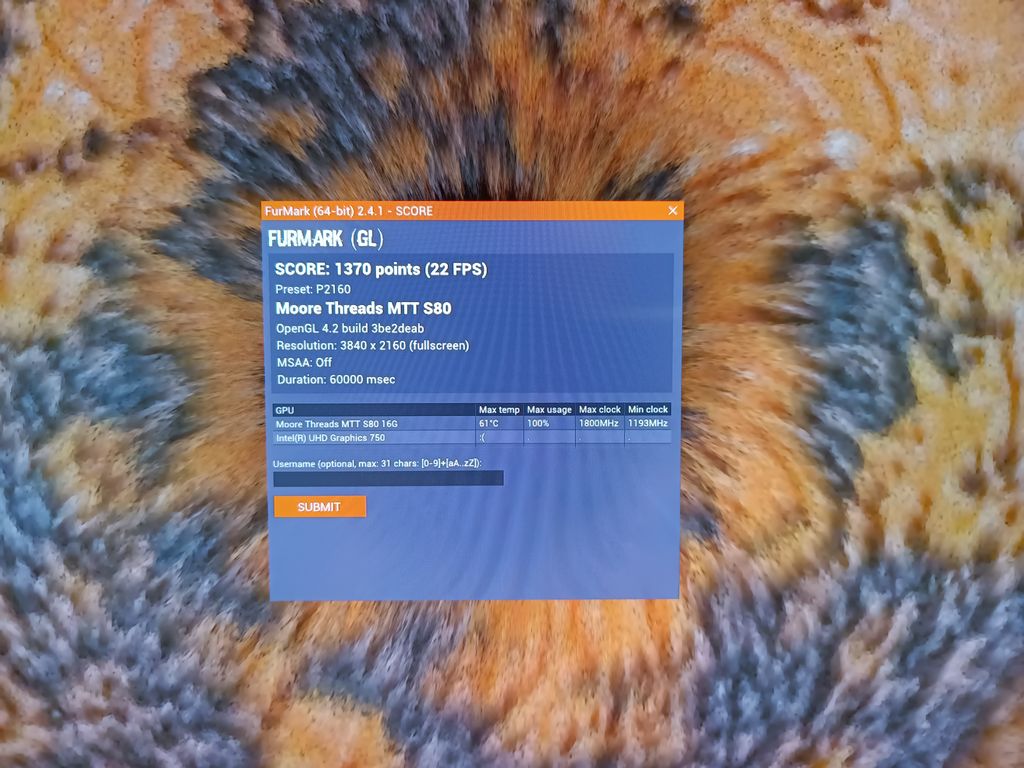 Moore Threads MTT S80 - FurMark 2.4 P2160 score