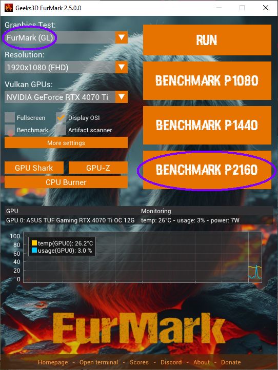 FurMark 2 GUI - FurMark(gl) P2160 benchmark