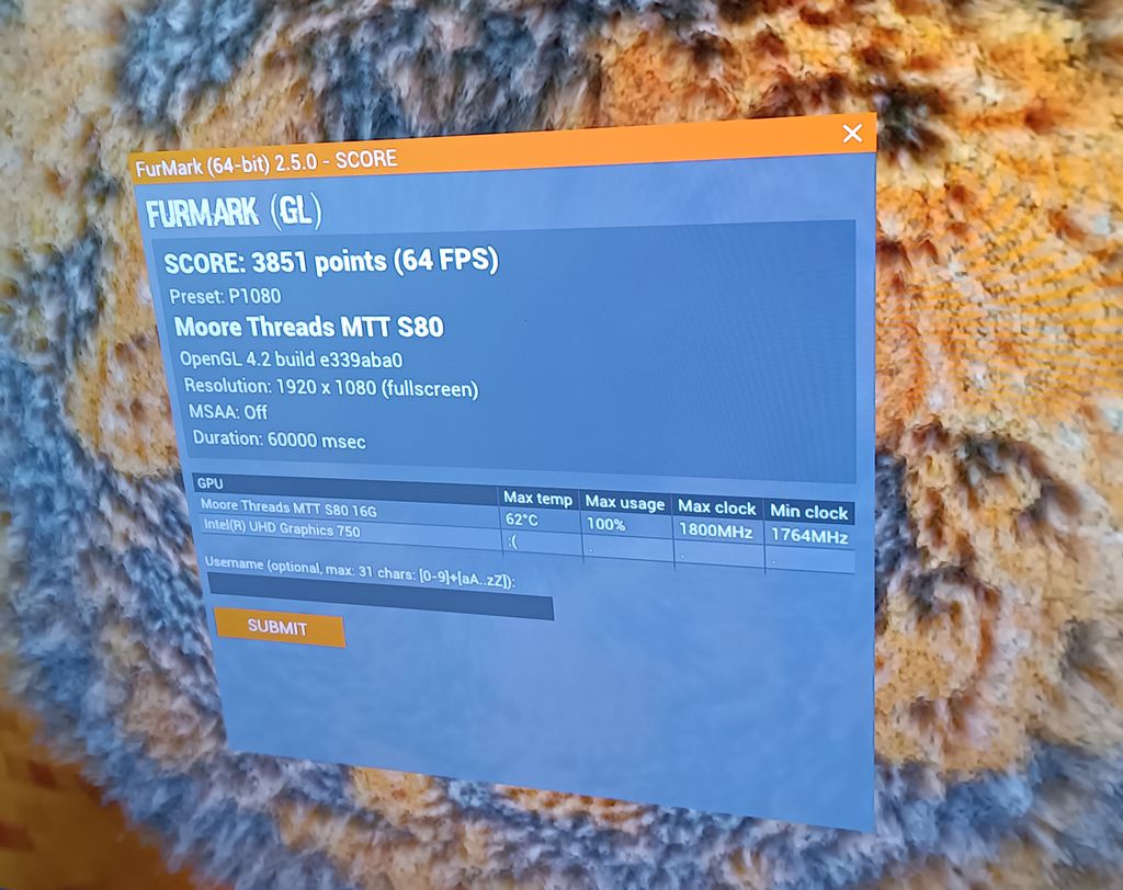 Moore Threads MTT S80 - FurMark 2.5 P1080 score