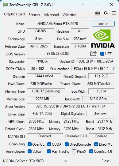 NVIDIA GeForce RTX 5070 - GPU-Z