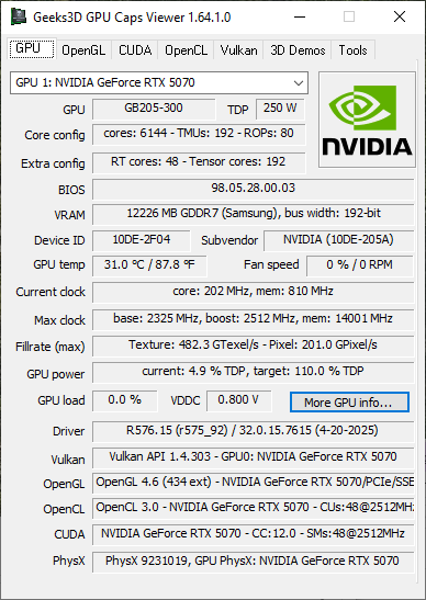 GPU Caps Viewer 1.64 + GeForce RTX 5070